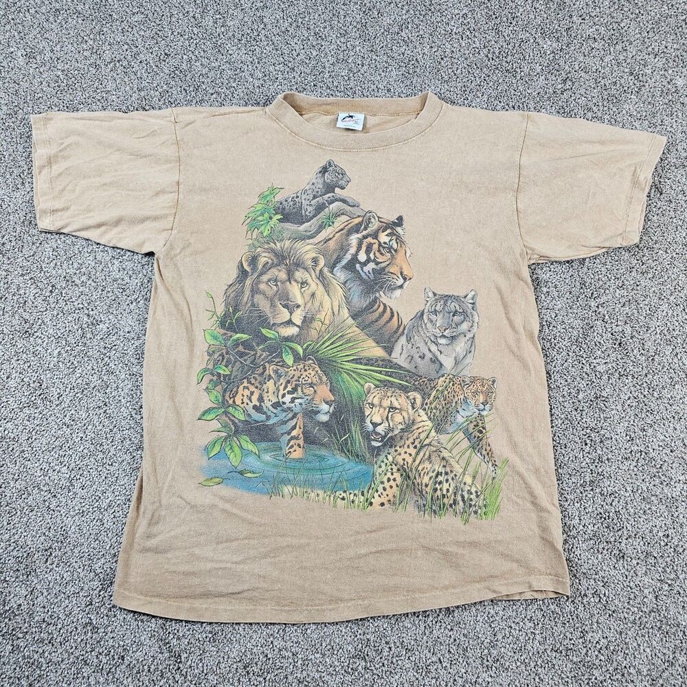 Vintage Big Wild Cats Shirt Mens Large Tan Single Stitch USA Made Tiger Lion